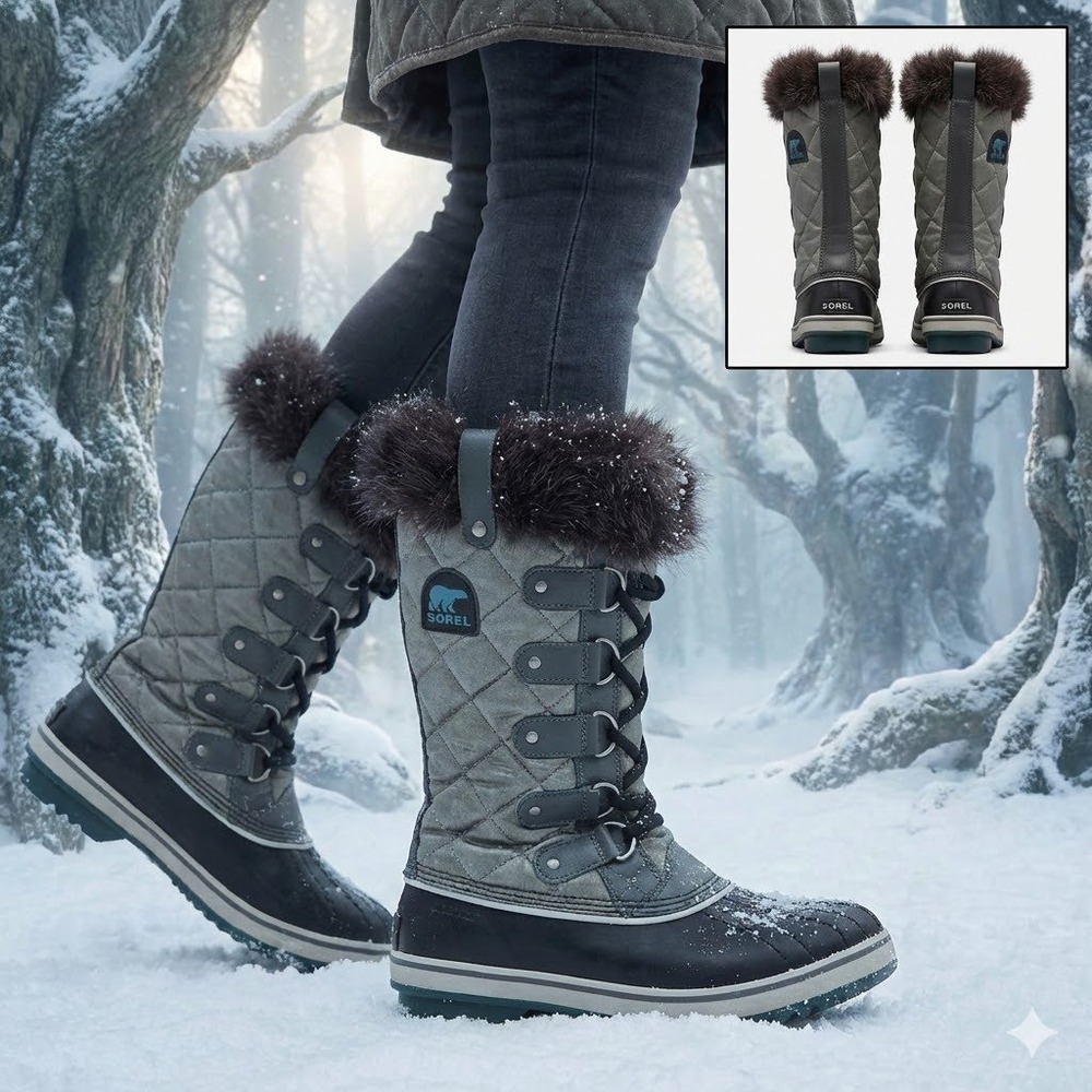 Sorel Tofino Gray Quilted Waterproof Faux Fur Snow Boots NL2114-052 Womens 7.5